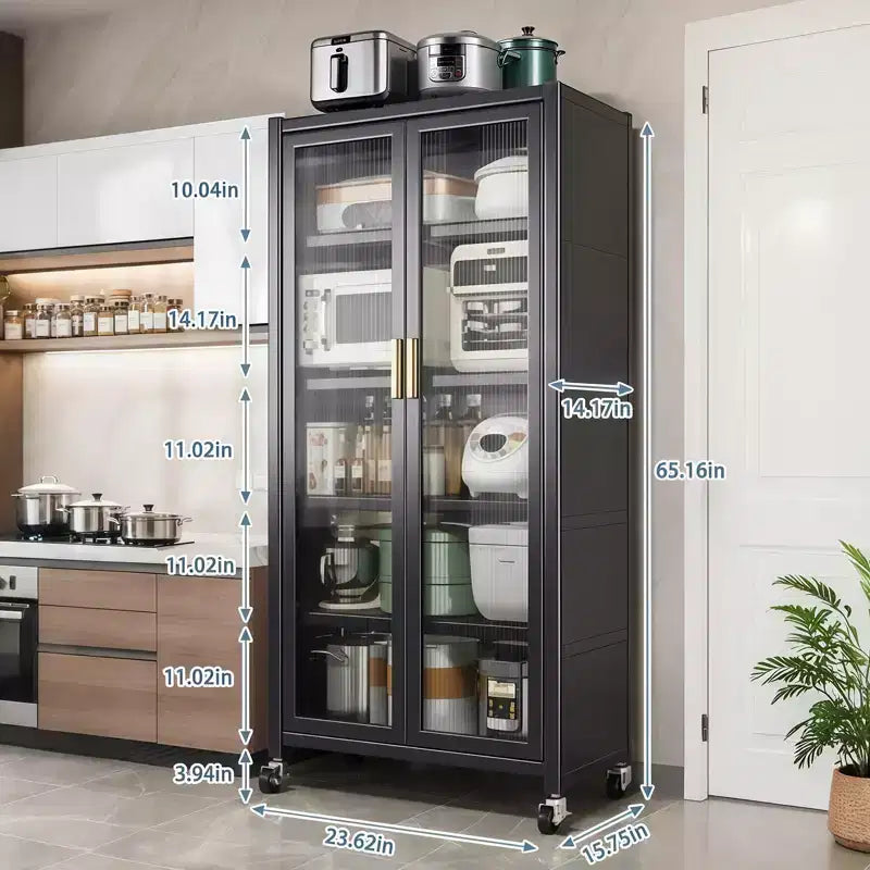 Armadio dispensa in metallo nero a 5 ripiani con ante a ribalta e ruote, alto 171 cm, utilizzo individuale