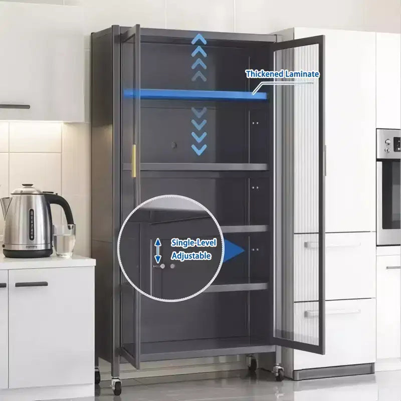 Armadio dispensa in metallo nero a 5 ripiani con ante a ribalta e ruote, alto 171 cm, utilizzo individuale