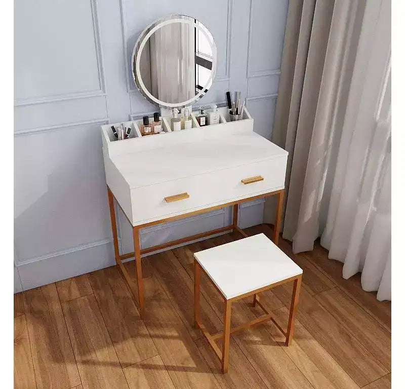 Okak Modern Girls Vanity with Metal Legs and Round Mirror, Makeup Vanity with Cushioned Stool, Makeup Table for Small Bedroom, Ancient White