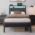 Twin Size Upholstered Platform Bed Frame LED Lights Charging Station 2 Tier Storage Shelves Headboard Gray Metal No Box Spring Needed Gaming Dorm