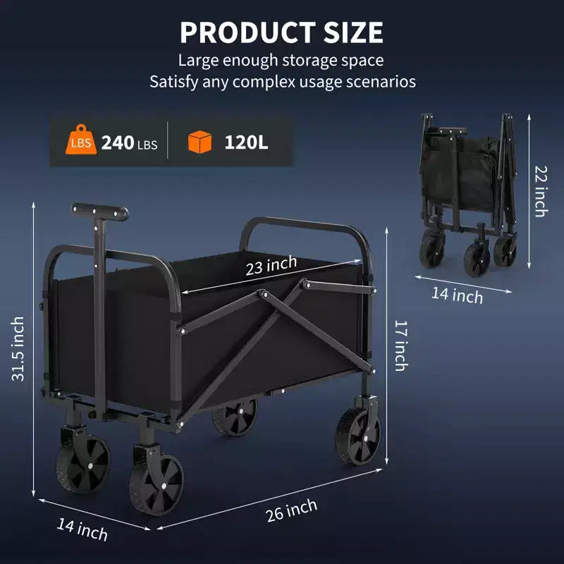 Carrello pieghevole nero multiuso con ruote fuoristrada, capacità 108 kg, uso per 1 persona