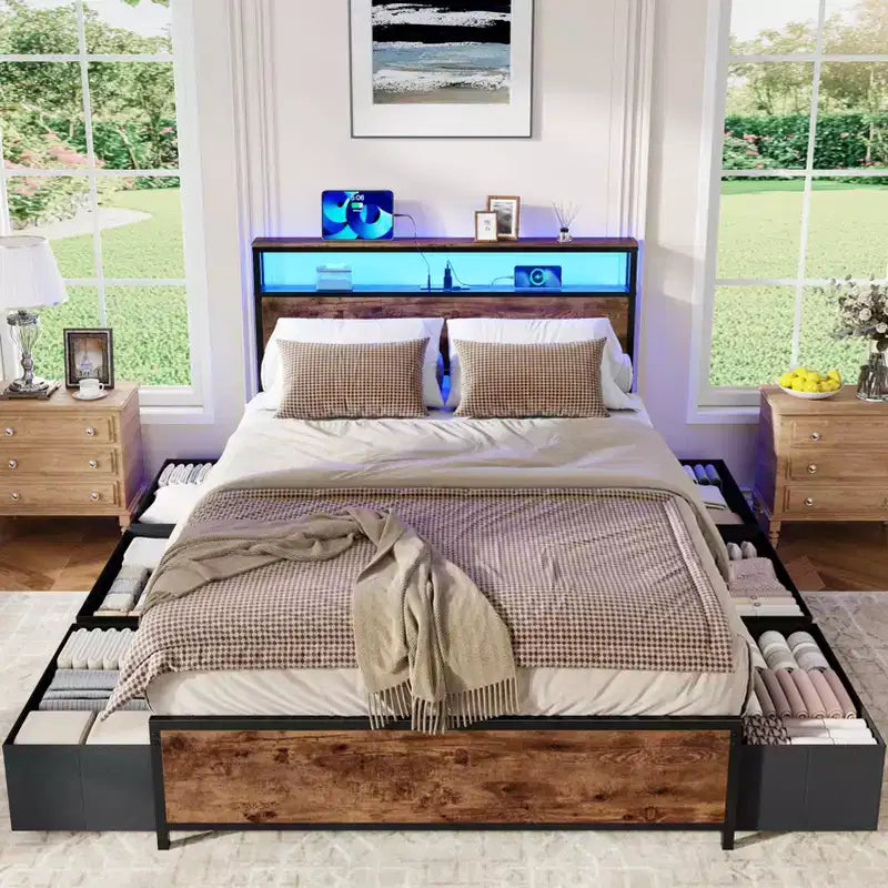 Struttura letto a piattaforma matrimoniale in marrone rustico, 6 cassetti, LED e ricarica, 1 persona