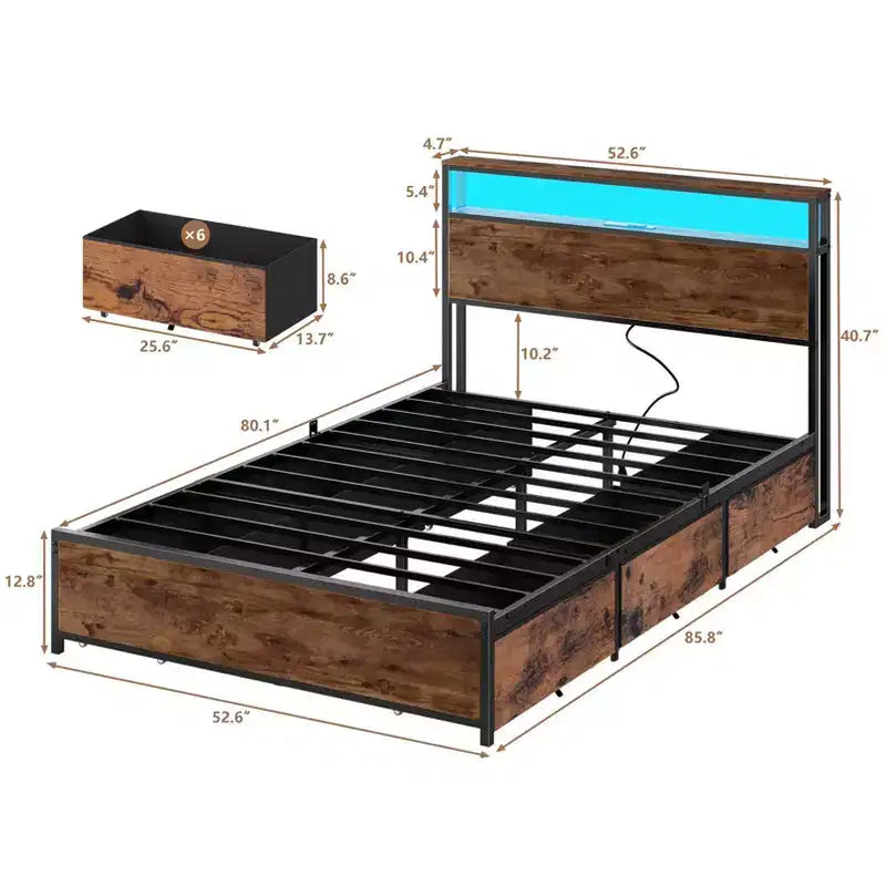 Struttura letto a piattaforma matrimoniale in marrone rustico, 6 cassetti, LED e ricarica, 1 persona