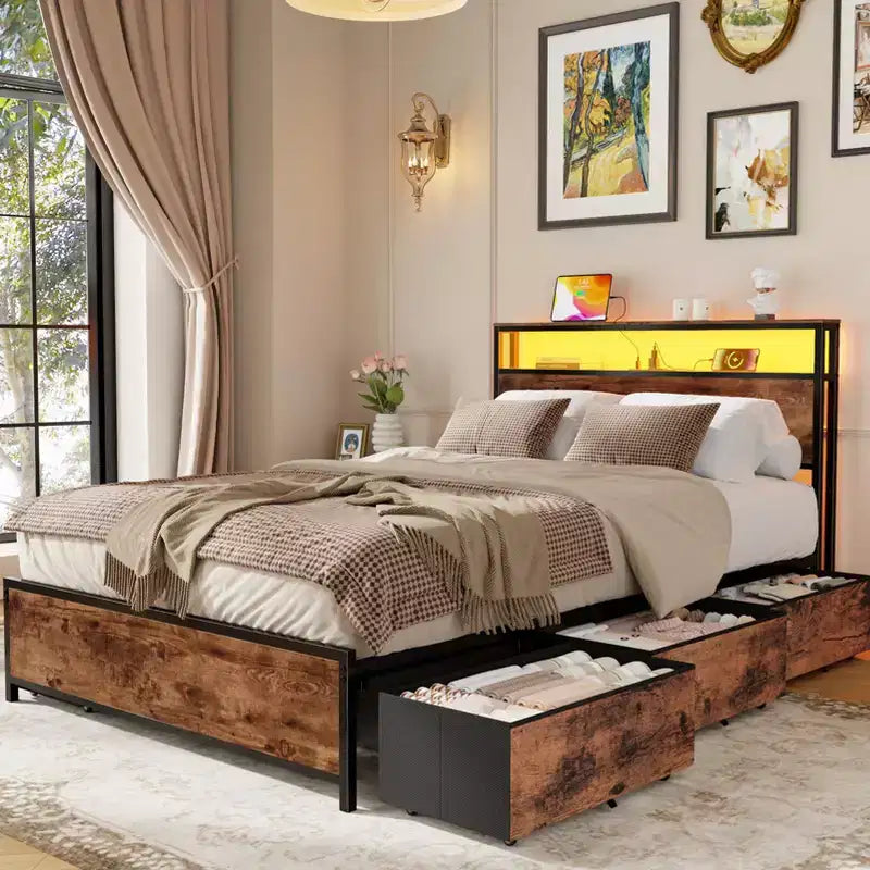 Struttura letto a piattaforma matrimoniale in marrone rustico, 6 cassetti, LED e ricarica, 1 persona