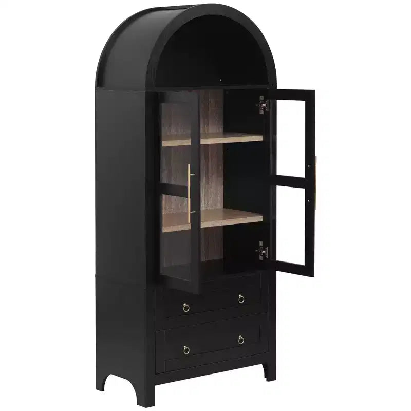 sumyeg 71 Tall Arched Kitchen Pantry Cabinet with Glass Doors, Adjustable Shelves & 2 Large Drawers