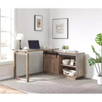 Scrivania a L color legno anticato/nocciola con credenza e anta scorrevole a serranda
