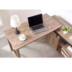 Scrivania a L color legno anticato/nocciola con credenza e anta scorrevole a serranda