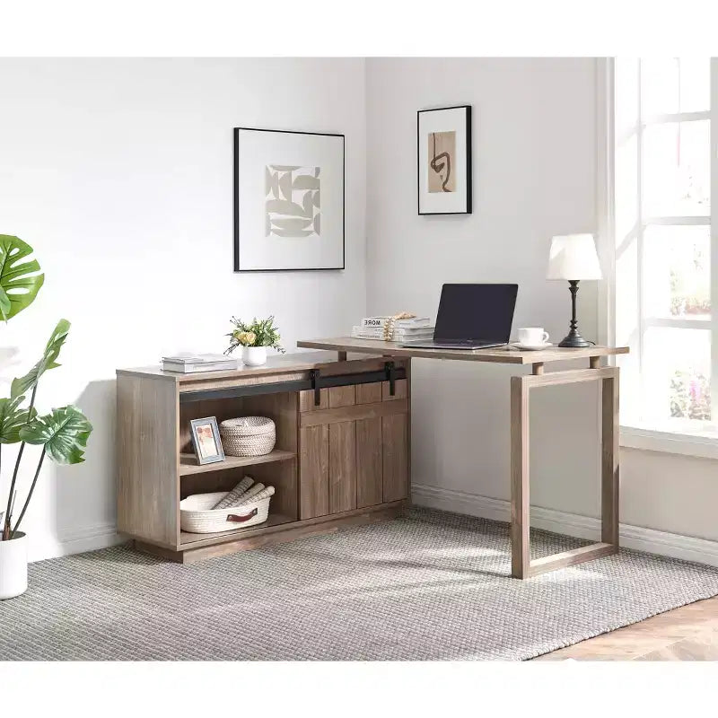 TUYOHW 47.25 L-Shaped Desk,Workstation with Sliding Barn Door Credenza,Reversible Home Office Desk,Finished Back Floating Workstation