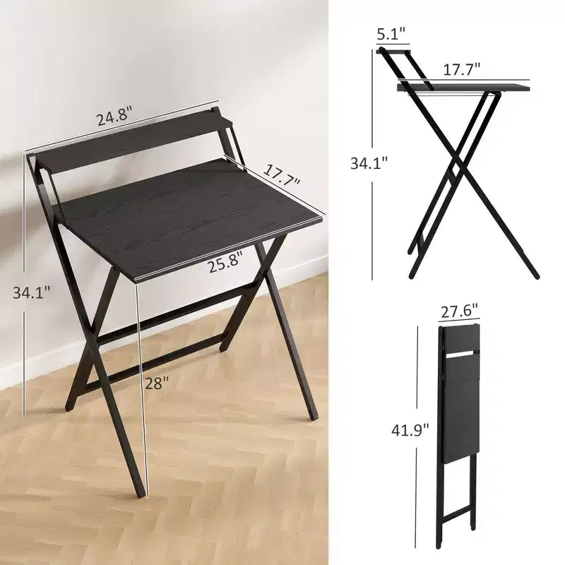 Scrivania pieghevole nera/marrone con ripiano per monitor – 1 persona, telaio in acciaio a X