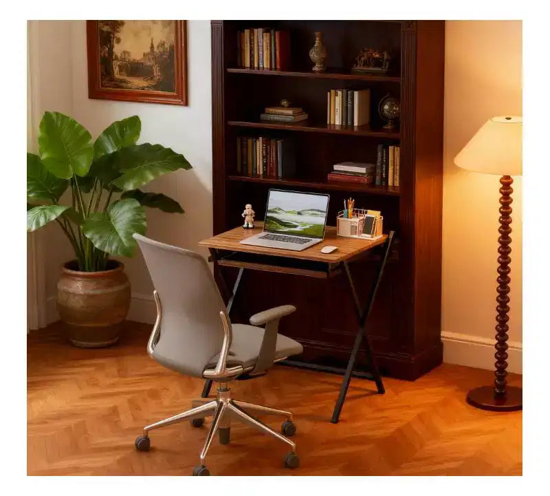 Scrivania pieghevole nera/marrone con ripiano per monitor – 1 persona, telaio in acciaio a X
