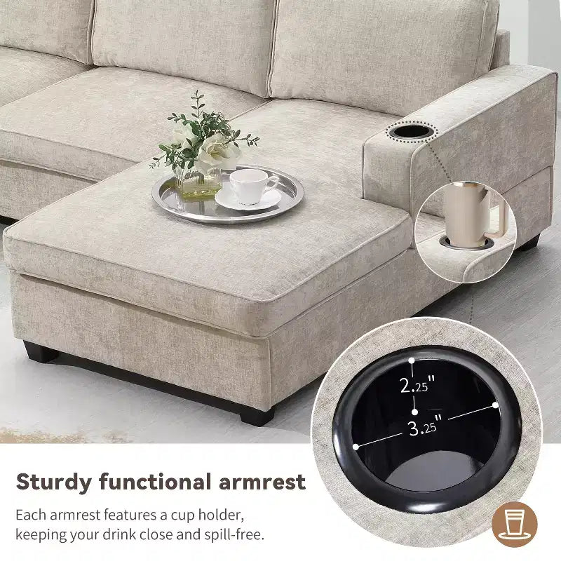 Divano sezionale a U in ciniglia beige/grigio con chaise longue oversize, 5 posti