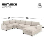 Divano sezionale a U in ciniglia beige/grigio con chaise longue oversize, 5 posti