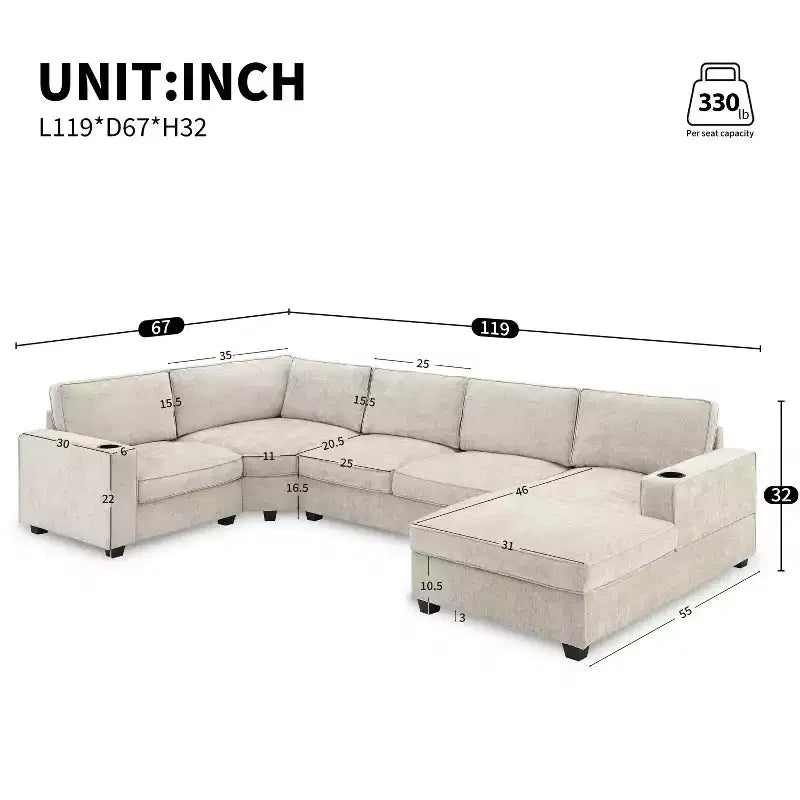 Divano sezionale a U in ciniglia beige/grigio con chaise longue oversize, 5 posti