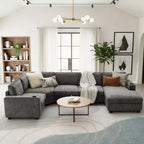 Divano sezionale a U in ciniglia beige/grigio con chaise longue oversize, 5 posti