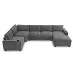 Divano sezionale a U in ciniglia beige/grigio con chaise longue oversize, 5 posti