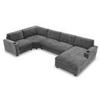 Divano sezionale a U in ciniglia beige/grigio con chaise longue oversize, 5 posti