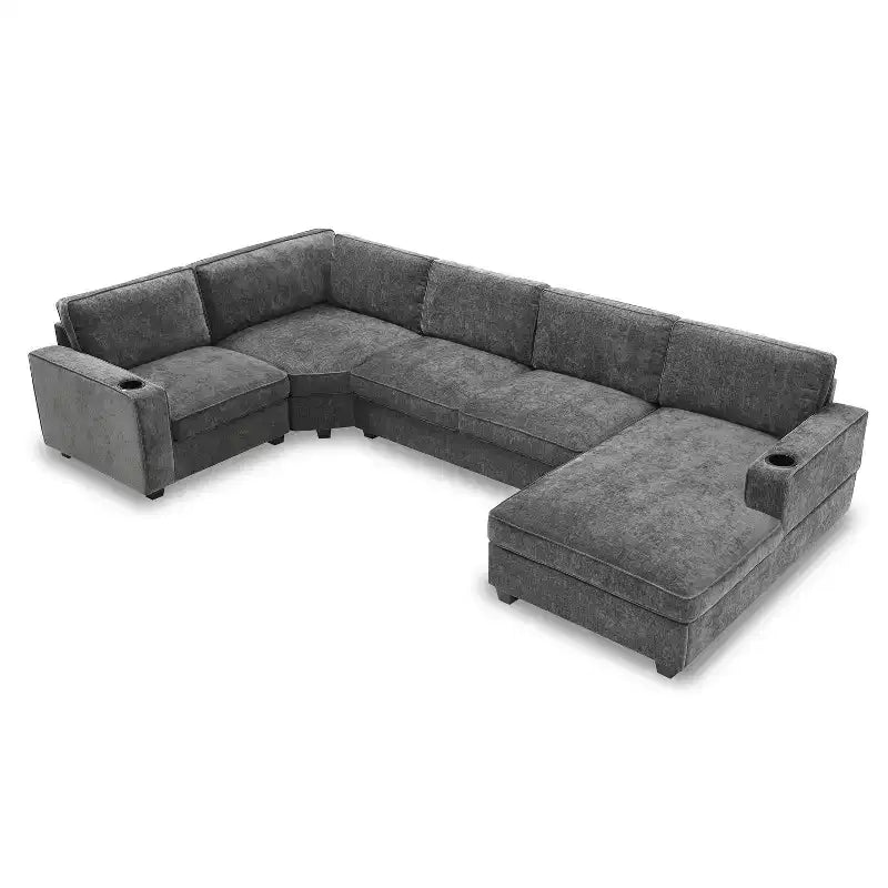 Divano sezionale a U in ciniglia beige/grigio con chaise longue oversize, 5 posti