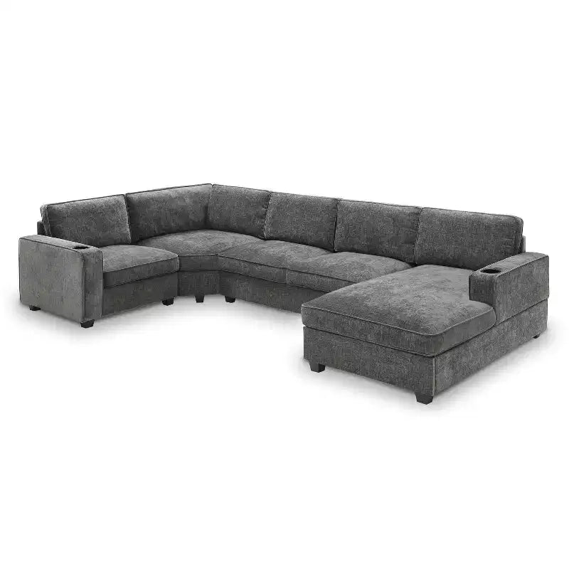 Divano sezionale a U in ciniglia beige/grigio con chaise longue oversize, 5 posti