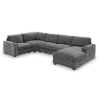 Divano sezionale a U in ciniglia beige/grigio con chaise longue oversize, 5 posti