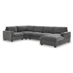 Divano sezionale a U in ciniglia beige/grigio con chaise longue oversize, 5 posti
