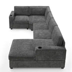 Divano sezionale a U in ciniglia beige/grigio con chaise longue oversize, 5 posti