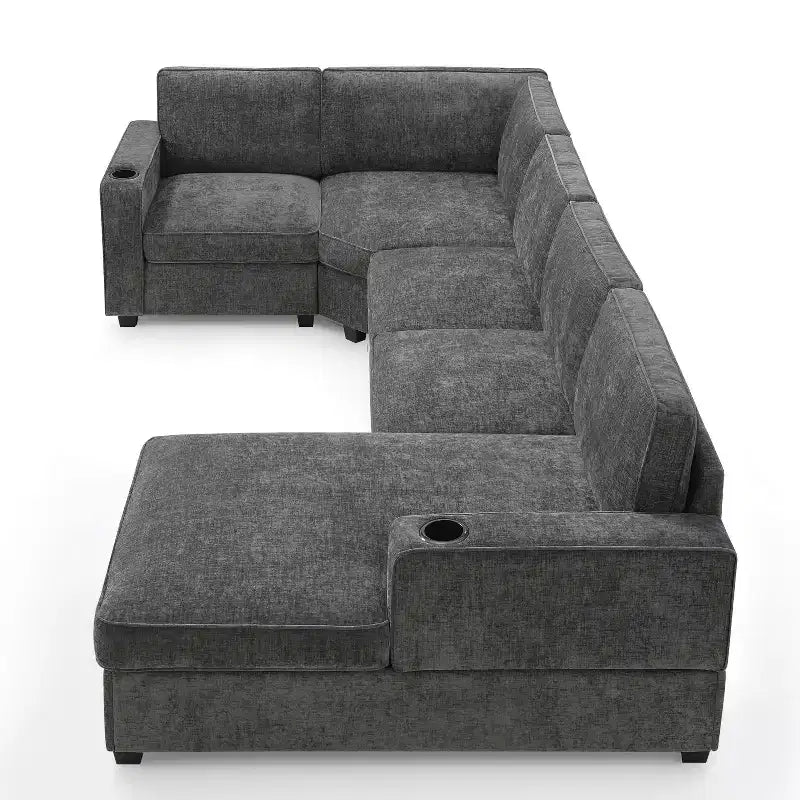 Divano sezionale a U in ciniglia beige/grigio con chaise longue oversize, 5 posti