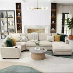 Divano sezionale a U in ciniglia beige/grigio con chaise longue oversize, 5 posti