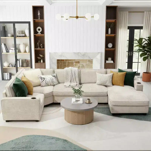 Divano sezionale a U in ciniglia beige/grigio con chaise longue oversize, 5 posti