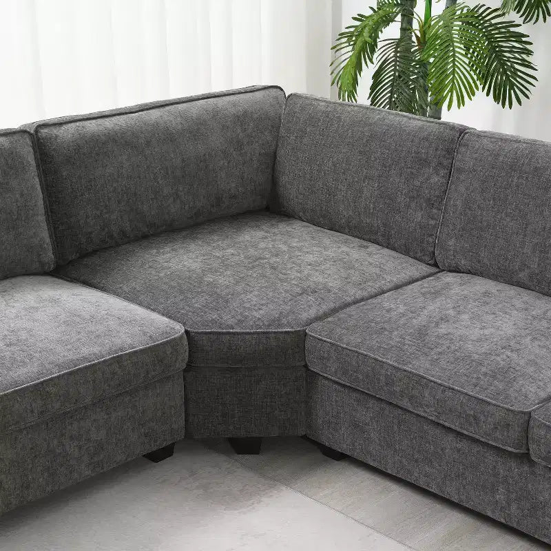 Divano sezionale a U in ciniglia beige/grigio con chaise longue oversize, 5 posti