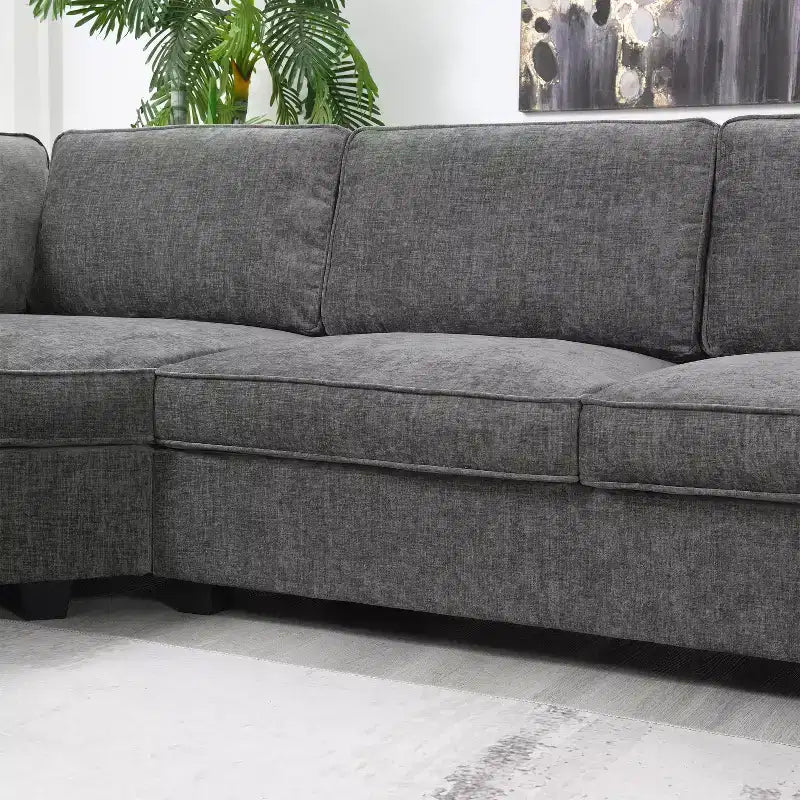 Divano sezionale a U in ciniglia beige/grigio con chaise longue oversize, 5 posti