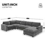 Divano sezionale a U in ciniglia beige/grigio con chaise longue oversize, 5 posti