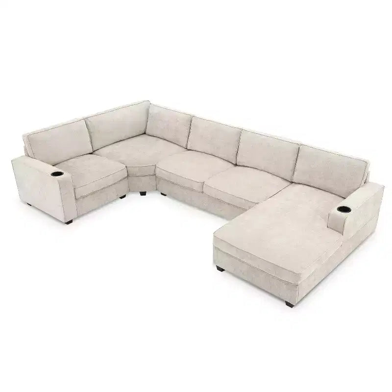 Divano sezionale a U in ciniglia beige/grigio con chaise longue oversize, 5 posti