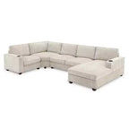 Divano sezionale a U in ciniglia beige/grigio con chaise longue oversize, 5 posti
