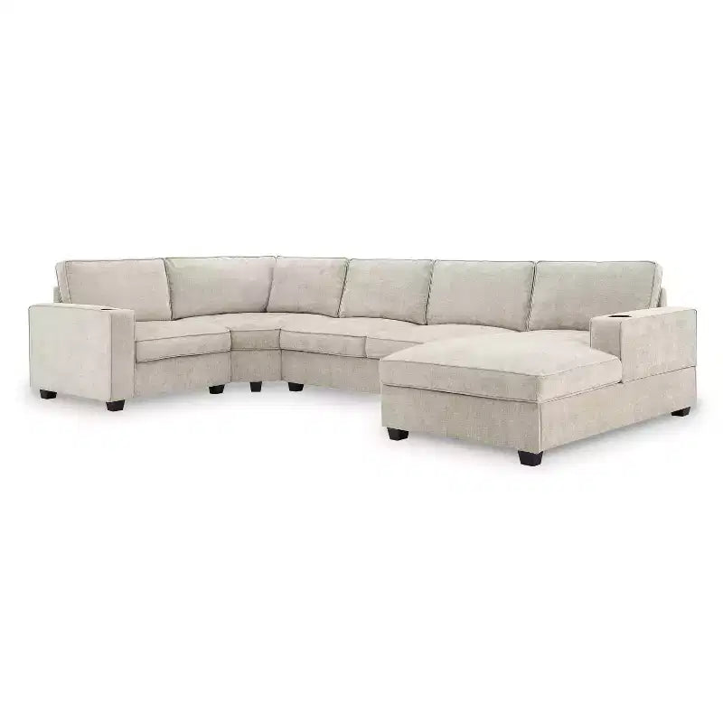 Divano sezionale a U in ciniglia beige/grigio con chaise longue oversize, 5 posti