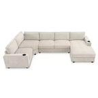 Divano sezionale a U in ciniglia beige/grigio con chaise longue oversize, 5 posti