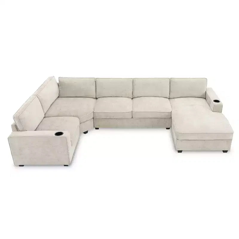 Divano sezionale a U in ciniglia beige/grigio con chaise longue oversize, 5 posti