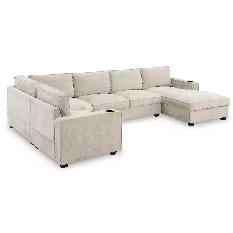 Divano sezionale a U in ciniglia beige/grigio con chaise longue oversize, 5 posti