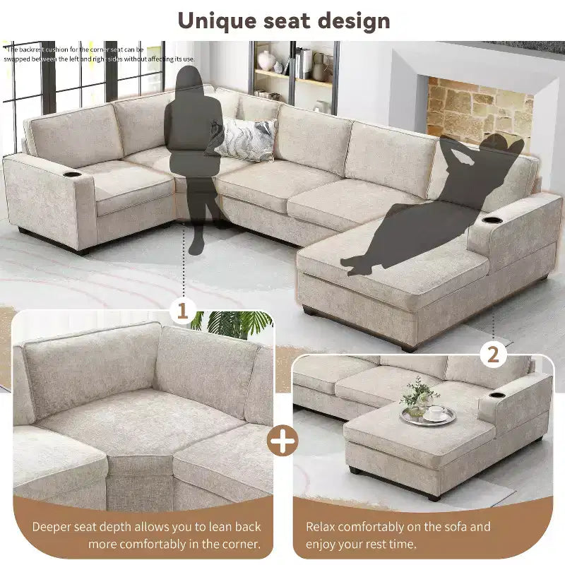 Divano sezionale a U in ciniglia beige/grigio con chaise longue oversize, 5 posti