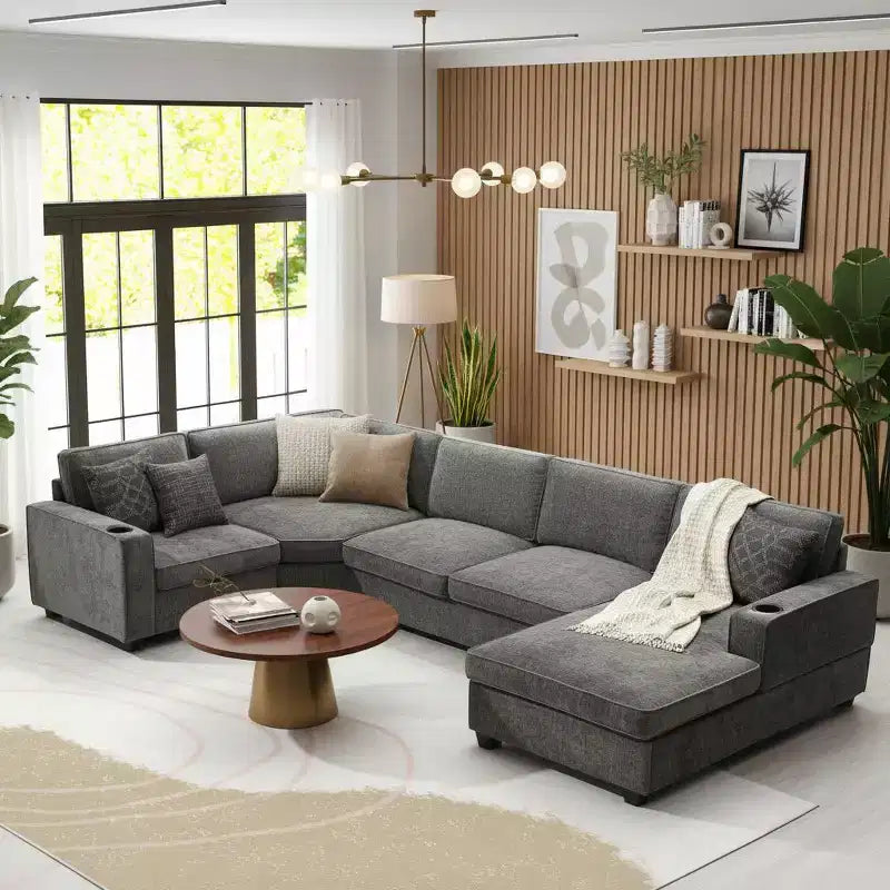 Divano sezionale a U in ciniglia beige/grigio con chaise longue oversize, 5 posti