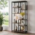 MAYEERTY 8-Tier Staggered Industrial Bookshelf, Vintage Wood Grain & Black Metal Frame Bookcase