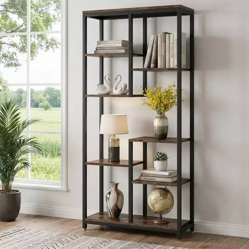 MAYEERTY 8-Tier Staggered Industrial Bookshelf, Vintage Wood Grain & Black Metal Frame Bookcase