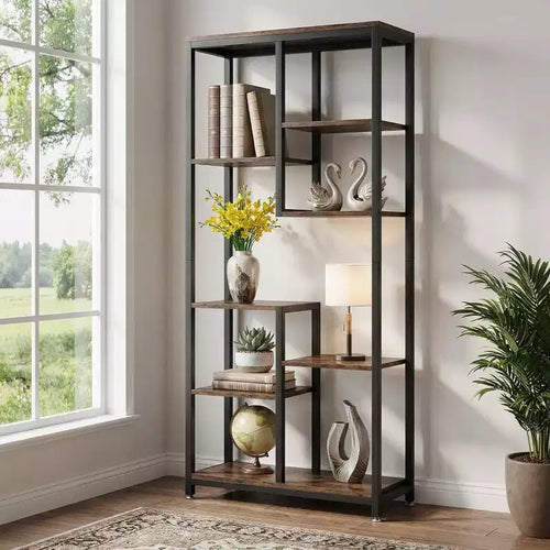 Scaffale sfalsato a 8 ripiani, finitura vintage effetto legno e struttura in metallo nero, singolo