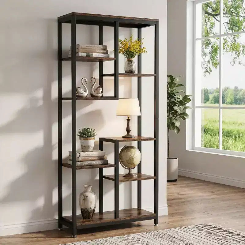 Scaffale sfalsato a 8 ripiani, finitura vintage effetto legno e struttura in metallo nero, singolo