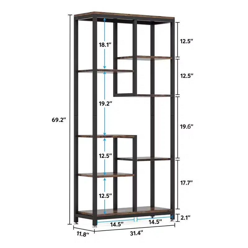 Scaffale sfalsato a 8 ripiani, finitura vintage effetto legno e struttura in metallo nero, singolo