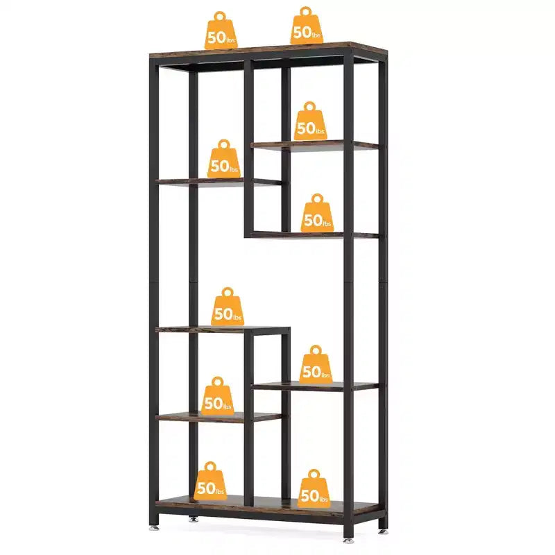 Scaffale sfalsato a 8 ripiani, finitura vintage effetto legno e struttura in metallo nero, singolo