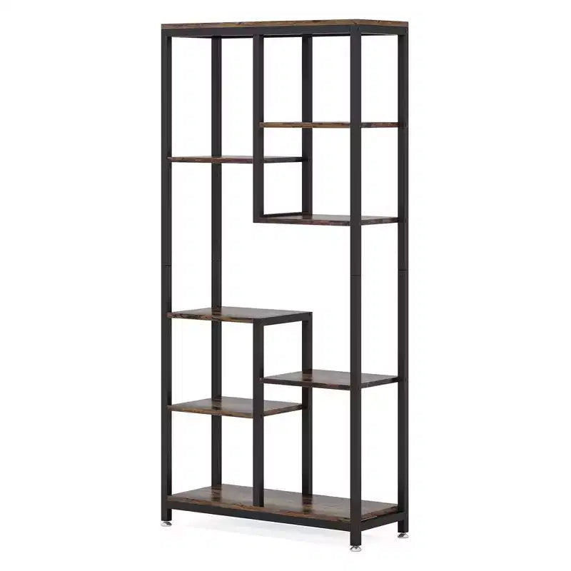 Scaffale sfalsato a 8 ripiani, finitura vintage effetto legno e struttura in metallo nero, singolo