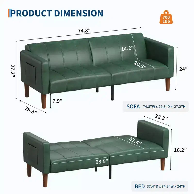 Divano letto futon convertibile in similpelle verde, divano 3 in 1 per 5 persone, 190 cm