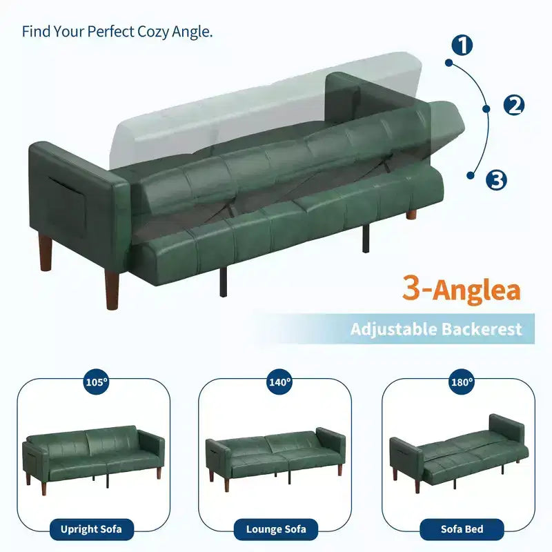 Divano letto futon convertibile in similpelle verde, divano 3 in 1 per 5 persone, 190 cm