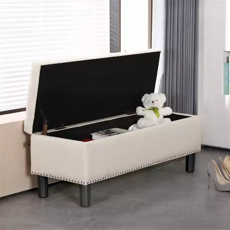 Panca contenitore trapuntata in lino beige/grigio, rettangolare, 1 posto