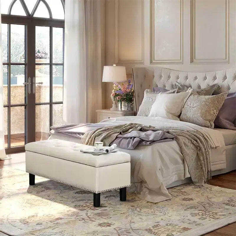 Panca contenitore trapuntata in lino beige/grigio, rettangolare, 1 posto